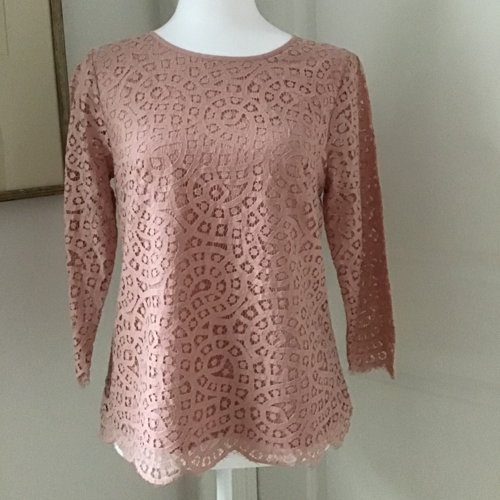 NWOT J. Crew SZ 0 Blush Pink Scalloped Edge Lace 3/4 Sleeve Top